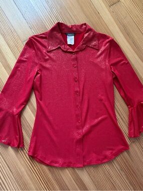 Vintage Anxiety Shimmer Red Button-Front Blouse with Flared Sleeves